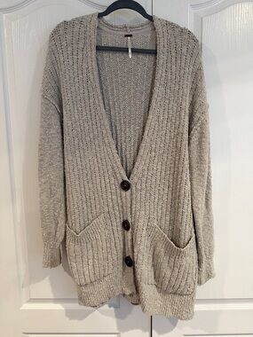 Free People Neutral Ribbed Button Cardigan in Light Beige